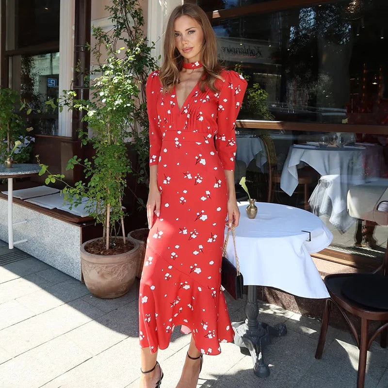 Deep V Neck Slim Long Sleeve High Waist Midi Dress