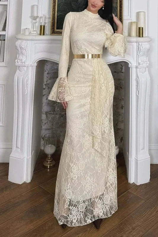 O-Neck Lace High Waist Long Sleeve Pleated Maxi Dress