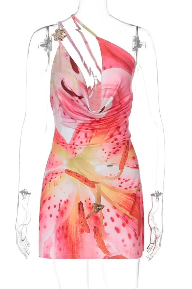 One-Shoulder V-Neck Printed Slim Backless Mini Dress