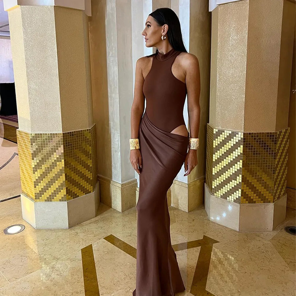 Spliced Cutout Round Neck Sleeveless High Waist Maxi Dress