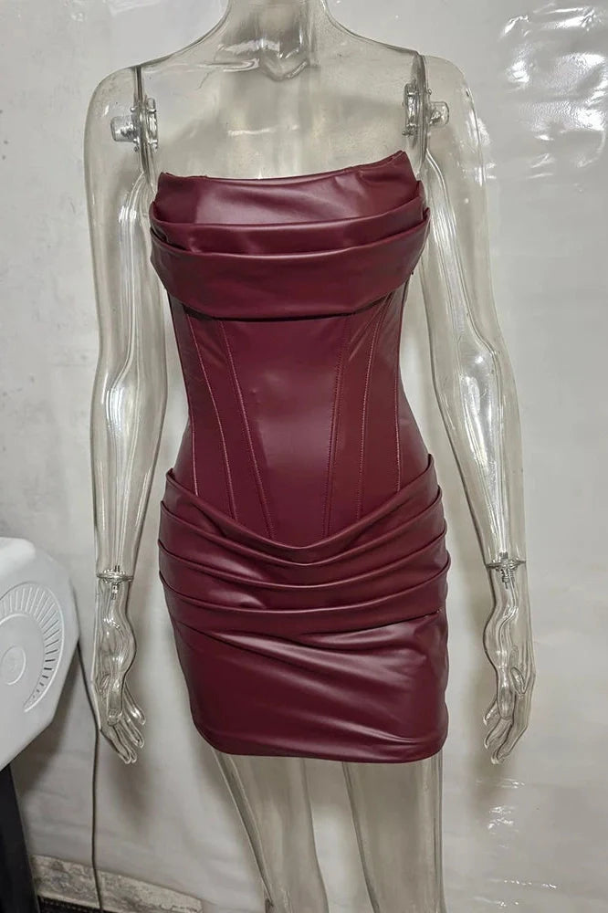 PU Leather Off-Shoulder Strapless Sleeveless Lace-up Mini Dress