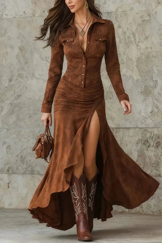 Pleated Split Printed Slim Bodycon High Waist Maxi Dress