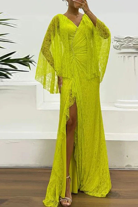 Hollow Lace Embroidery V-Neck Slim Split High Waist Maxi Dress