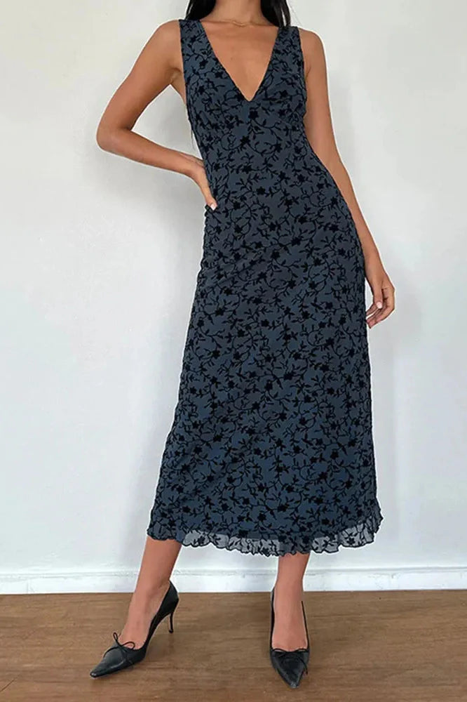 Printed Deep V Neck Sleeveless Slim Maxi Dress