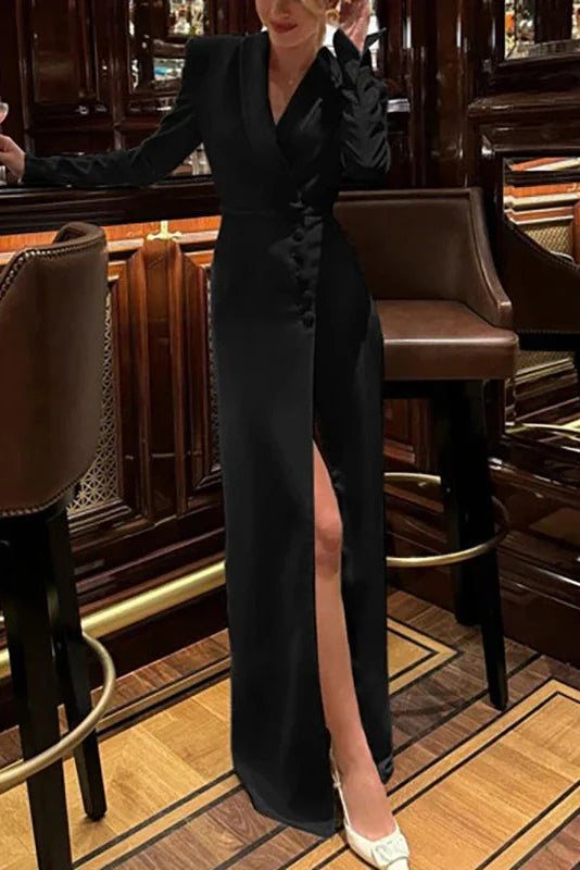 V Neck High Waist Button Split Long Sleeve Maxi Dress
