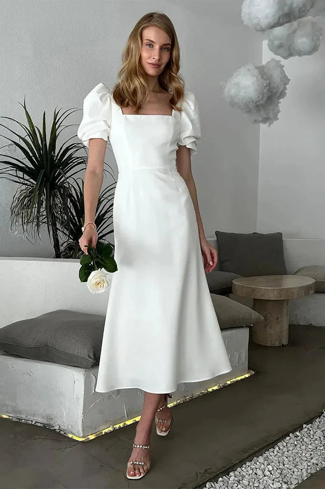 Elegant Square-Neck Short-Sleeved Slim Midi Dress