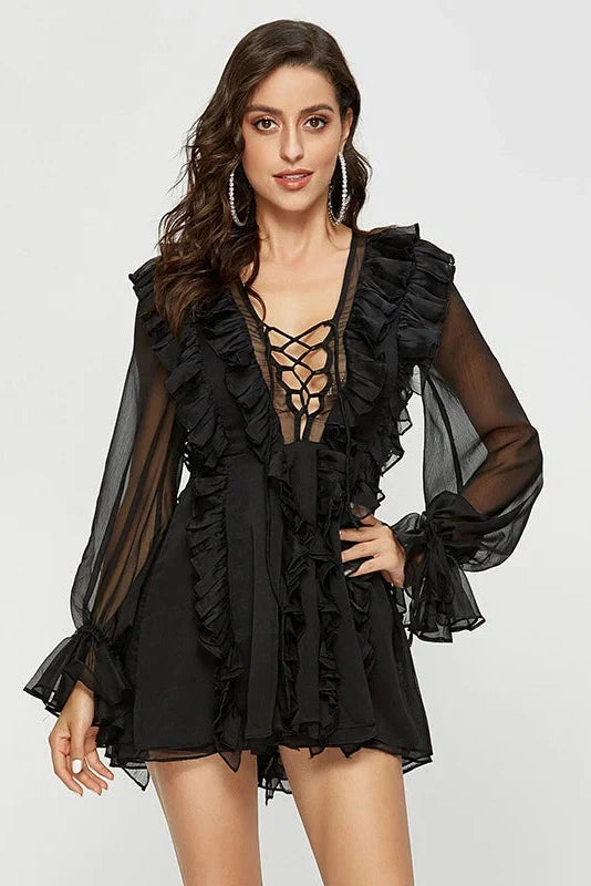 Elegant Lace Deep V Neck Mini Dress