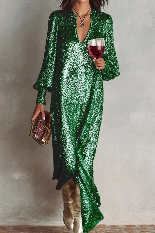 Elegant Long Sleeve V Neck Maxi Dress