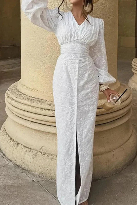 Elegant Hollow Out V-Neck High Waist Lantern Sleeve Maxi Dress