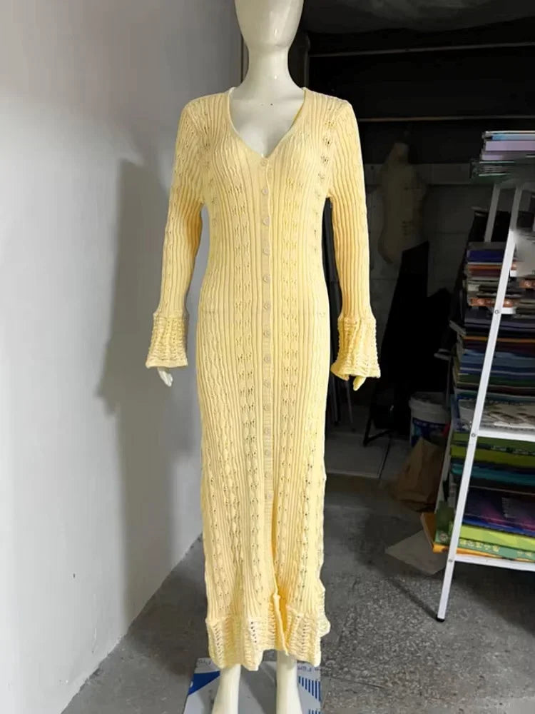 Hollow Knitted Long Sleeve Maxi Dress