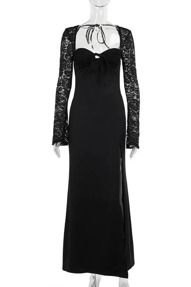 Lace Long Sleeve Square Collar Backless Maxi Dress