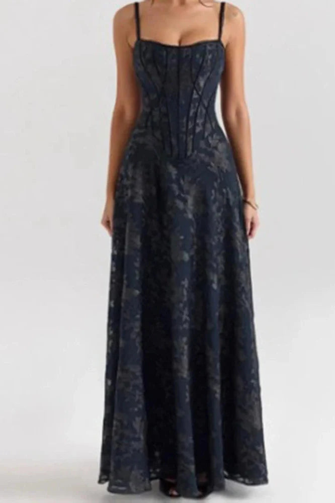 Elegant High Waist Pleated Sleeveless Lace Embroidery Maxi Dress