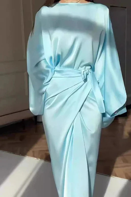Elegant Tie-up Waisted O Neck Sleeves Maxi Dress