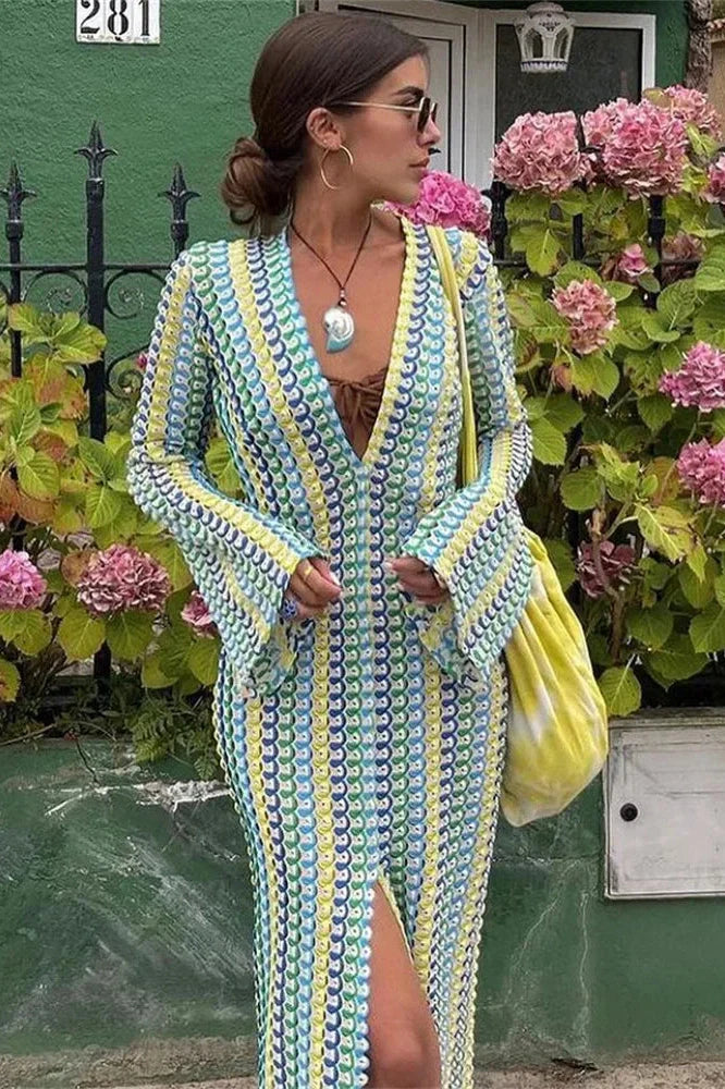 Hollow Out V-Neck Long Sleeve Lace Patchwork Maxi Dress