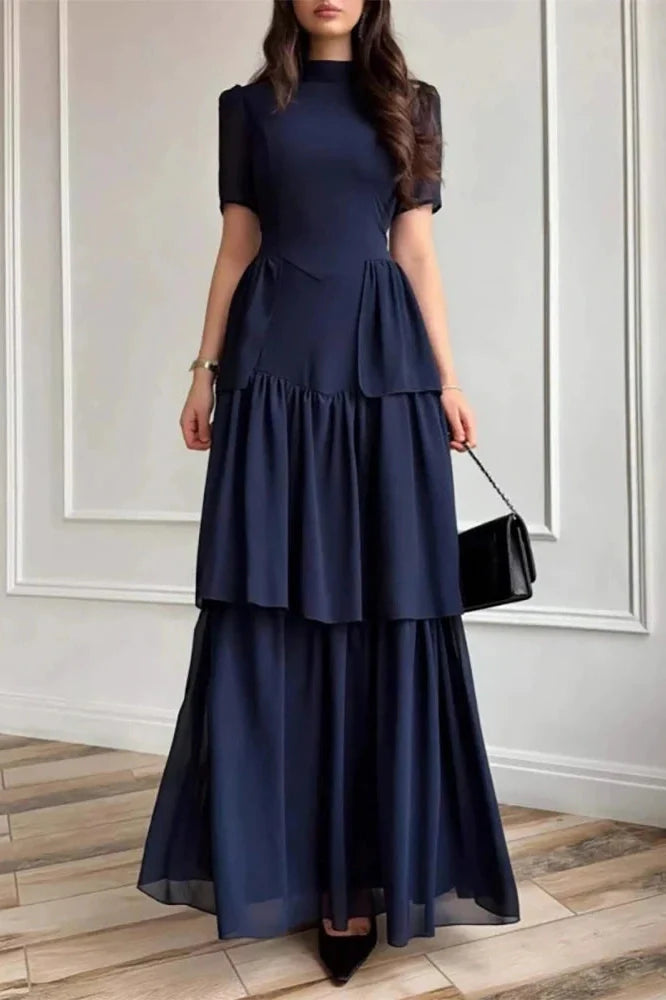 O-Neck Pleat High Waist Maxi Dress