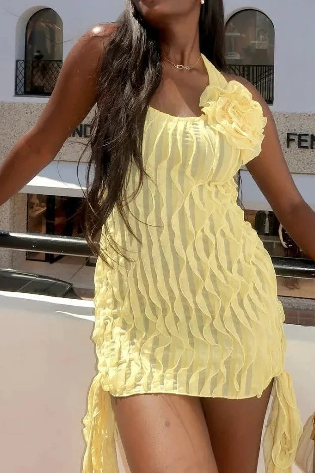 Elegant Pleated Mesh See-Through Slim Mini Dress