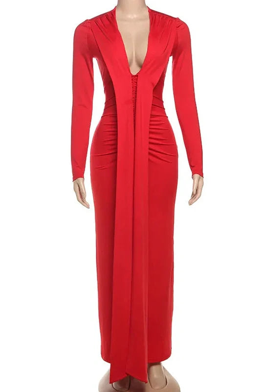 Elegant Pleated V-Neck Maxi Dress