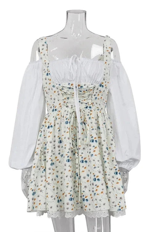 Puff Sleeve Two Piece Strapless Lace Up Mini Dress