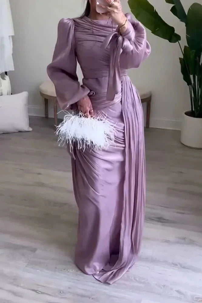 Elegant Long Sleeve High Waist Pleated Slim Maxi Dress