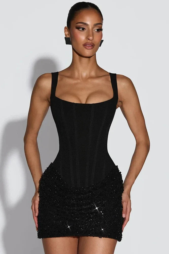 Square Collar Sleeveless Backless High Waist Mini Dress