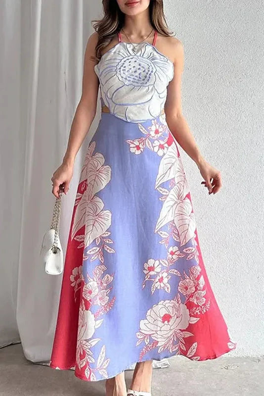 Hollow Out Lace Up Backless Sleeveless Printed Maxi Dress
