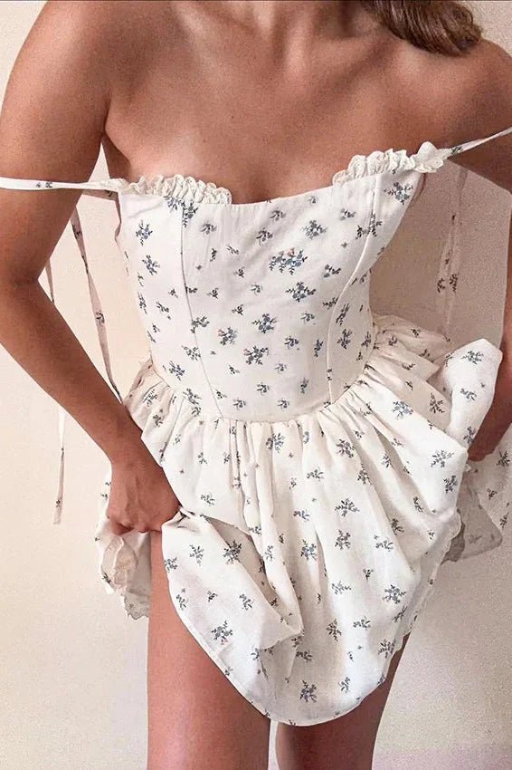 Elegant Floral Print Pleated Straps Sleeveless Slim Mini Dress