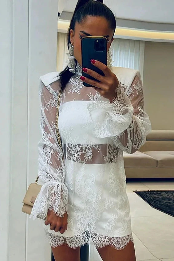 Hollow Patchwork Lace A-Line Long-Sleeved Mini Dress