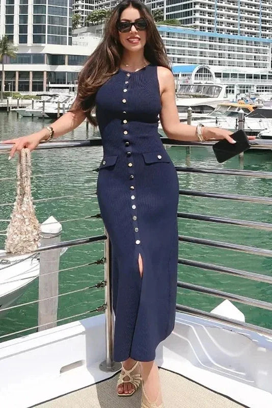 Elegant Sleeveless Single-Breasted Bodycon Knitted Midi Dress