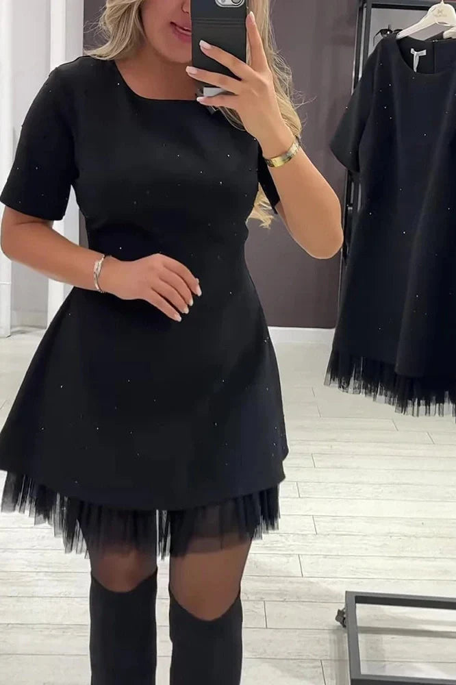 Elegant O-Neck High Waist A-Line Short Sleeve Pleat Mini Dress