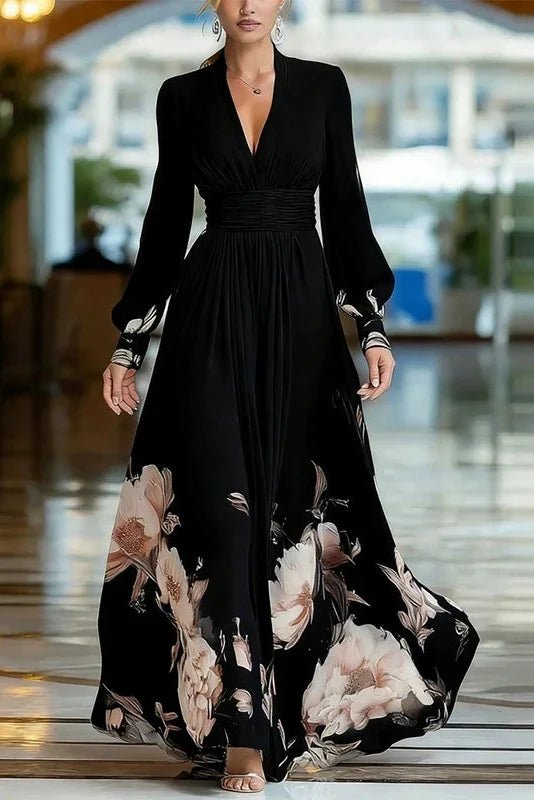Floral Print High Waist V-Neck Long Sleeve Pleated Maxi Dress