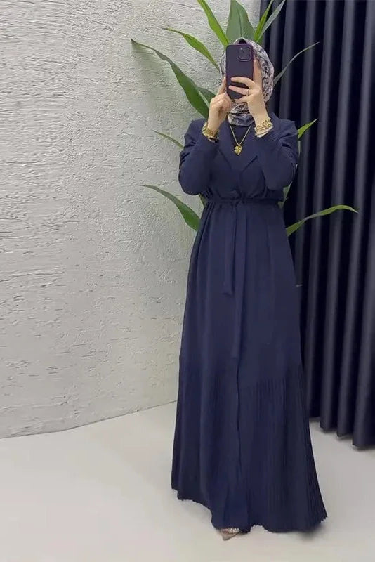 Elegant O-Neck Long Sleeve High Waist Pleated Maxi Dress