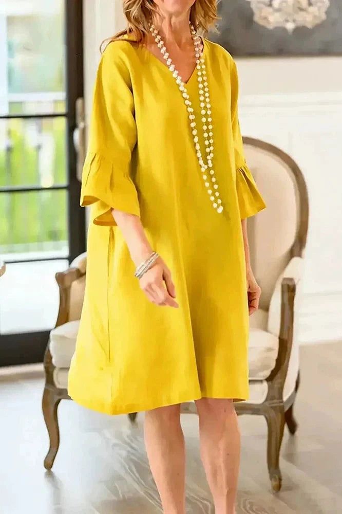 Half Sleeve V-Neck Loose Pleated A-Line Mini Dress