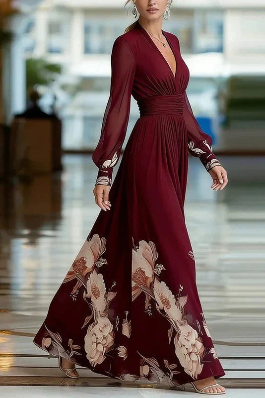 Floral Print High Waist V-Neck Long Sleeve Pleated Maxi Dress