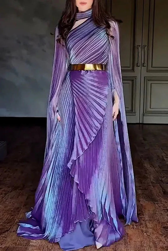 Elegant Hollow Out Printed Slit Sleeve High Waist Maxi Dress