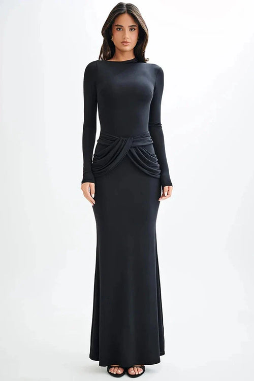 Diagonal Collar Long Sleeve High Waist Bodycon Maxi Dress