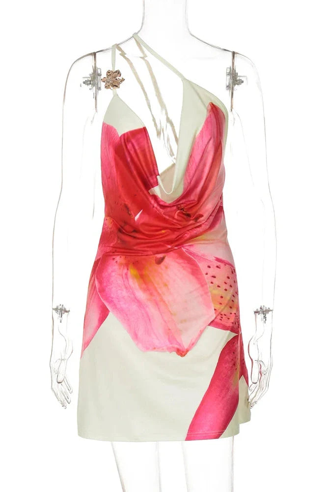 Elegant One-Shoulder Printed Sleeveless High Waist Mini Dress