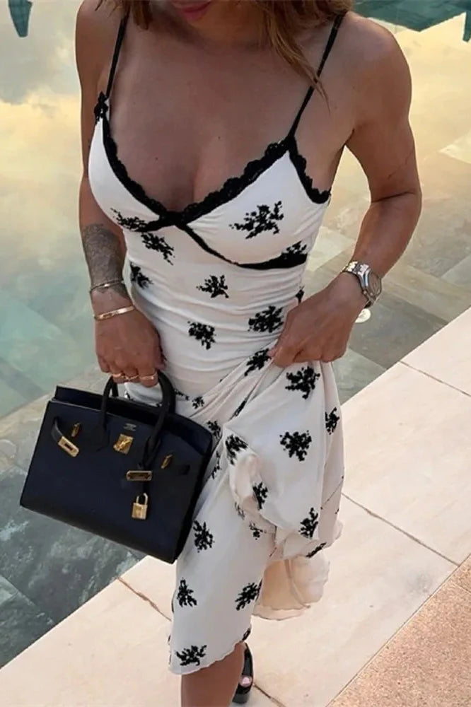 Lace Printed Backless Spaghetti Strap V Neck Sleeveless Bodycon Midi Dress