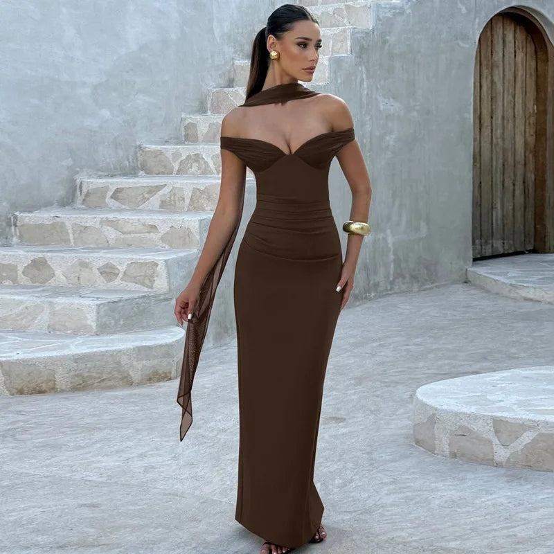 Scarf Collar Strapless Backless Slit Maxi Dress