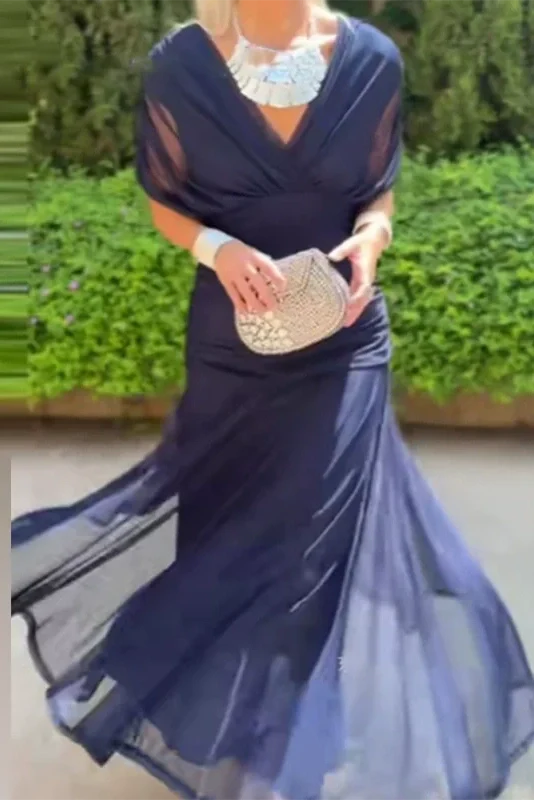 Printed Shawl Sleeve High Waist Pleated V-Neck Off Shoulder Maxi Dress