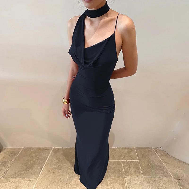 V Neck Backless Scarf Ribbon Patchwork Sleeveless Maxi Dress