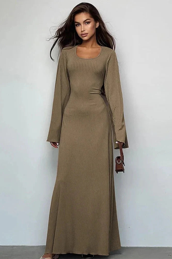 Lace-Up Long Sleeve Slim Loose Maxi Dress
