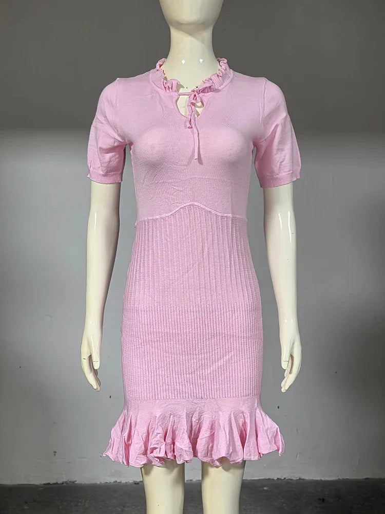 Hollow Knitting Lace Up Short Sleeve Mini Dress