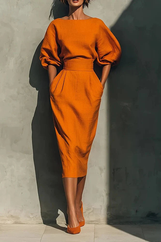 Elegant A-Line O-Neck Lantern Sleeve High Waist Pleated Midi Dress