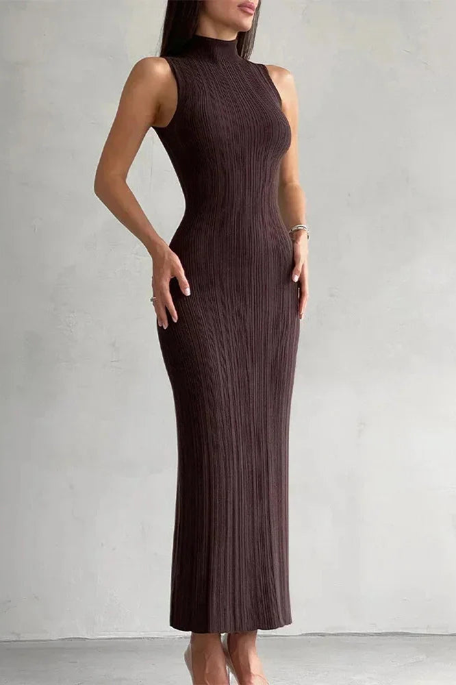 Elegant Knitted Turtleneck Sleeveless Bodycon High Waist Maxi Dress