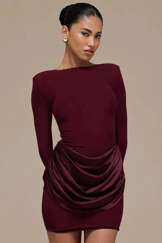 Elegant Pleated Slim Round Neck Long Sleeve Mini Dress