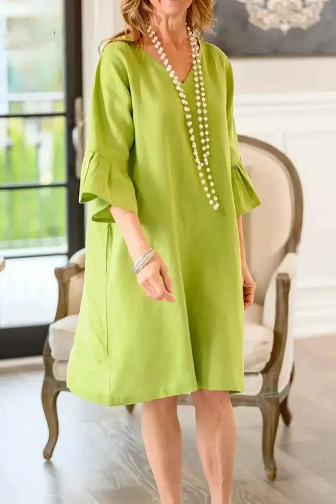 Half Sleeve V-Neck Loose Pleated A-Line Mini Dress