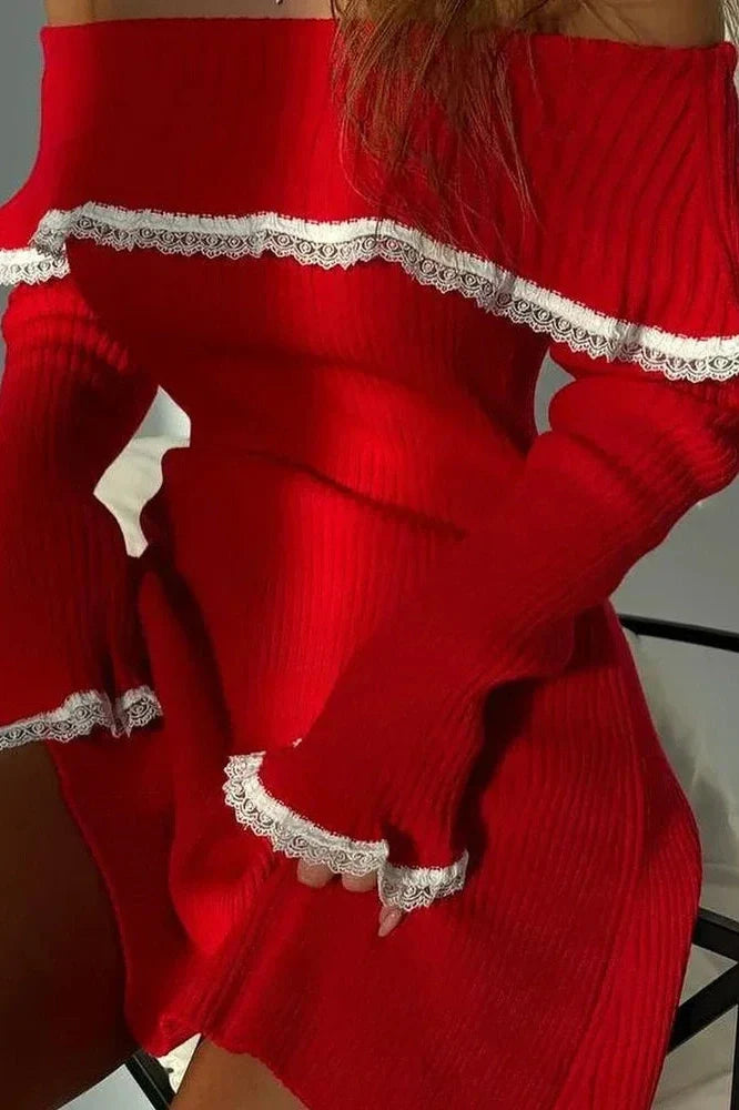 Off-Shoulder Lace Patchwork Slim Backless Mini Dress