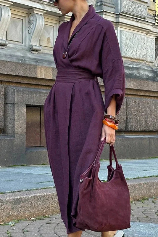 Lace-Up High Waist V-Neck Midi Dress