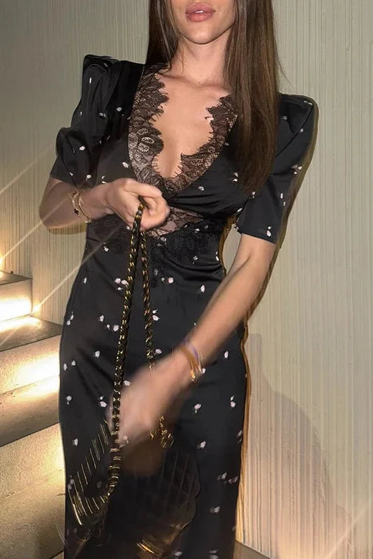 Hollow Lace Short Sleeve High Waist Slim Printed Maxi Dress