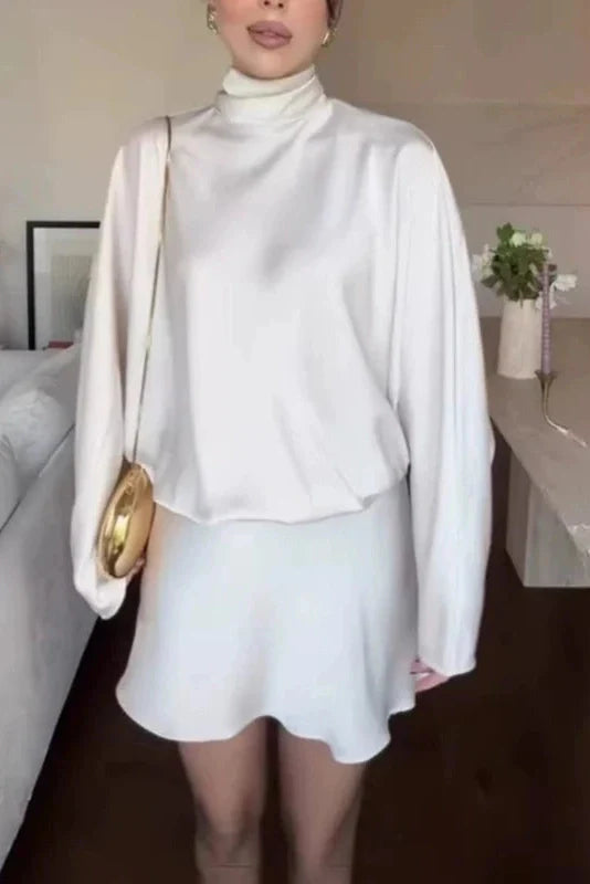 High Waist Pleated Turtleneck Loose Mini Dress